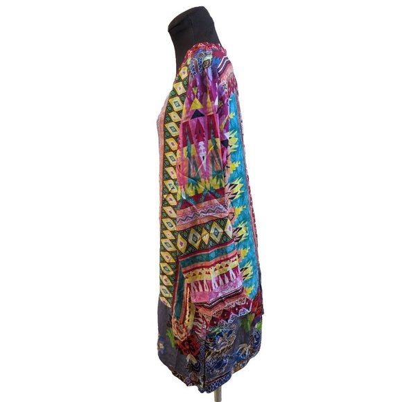 Johnny Was Kamelia Mixed Print V-Neck Button Front 100% Silk Blouse M - Picture 4 of 12